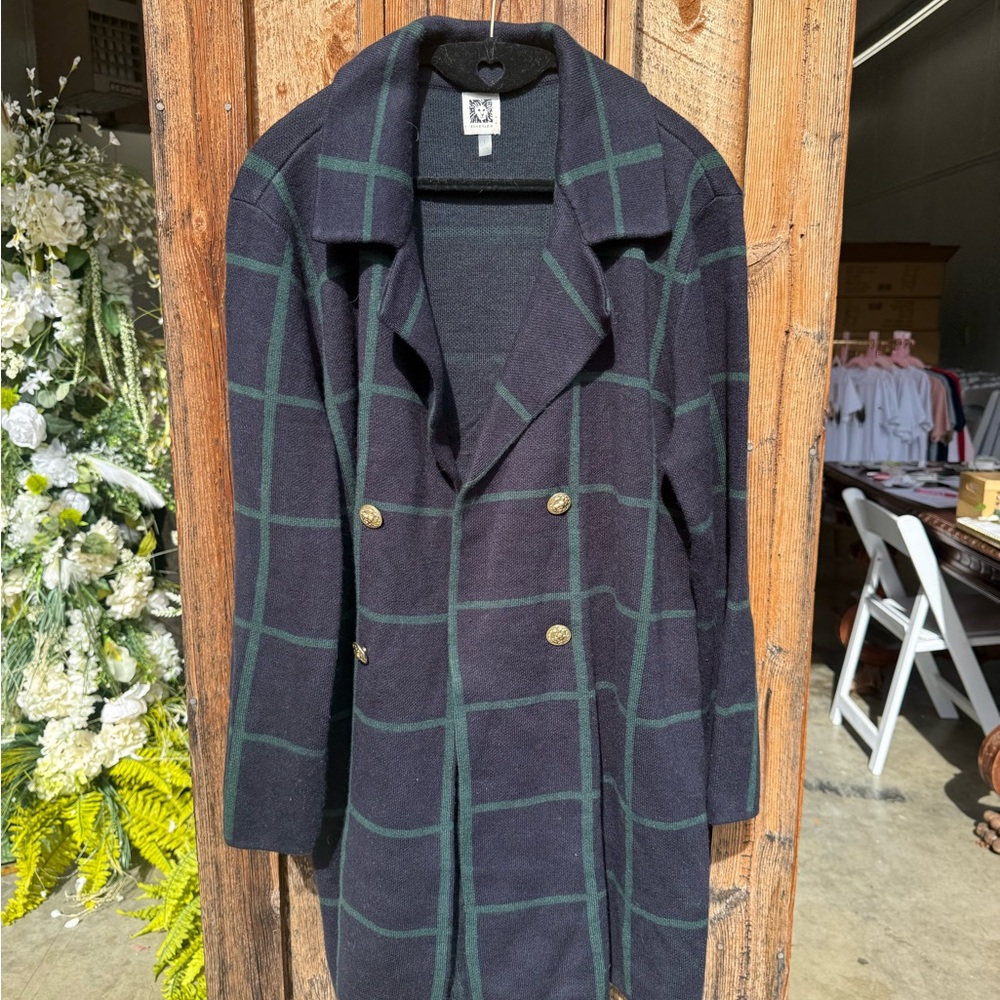Anne Klein Black and Green Plaid Trench Coat